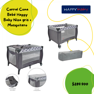 Corral Cuna Bebé Happy Baby Niza gris + Mosquitero